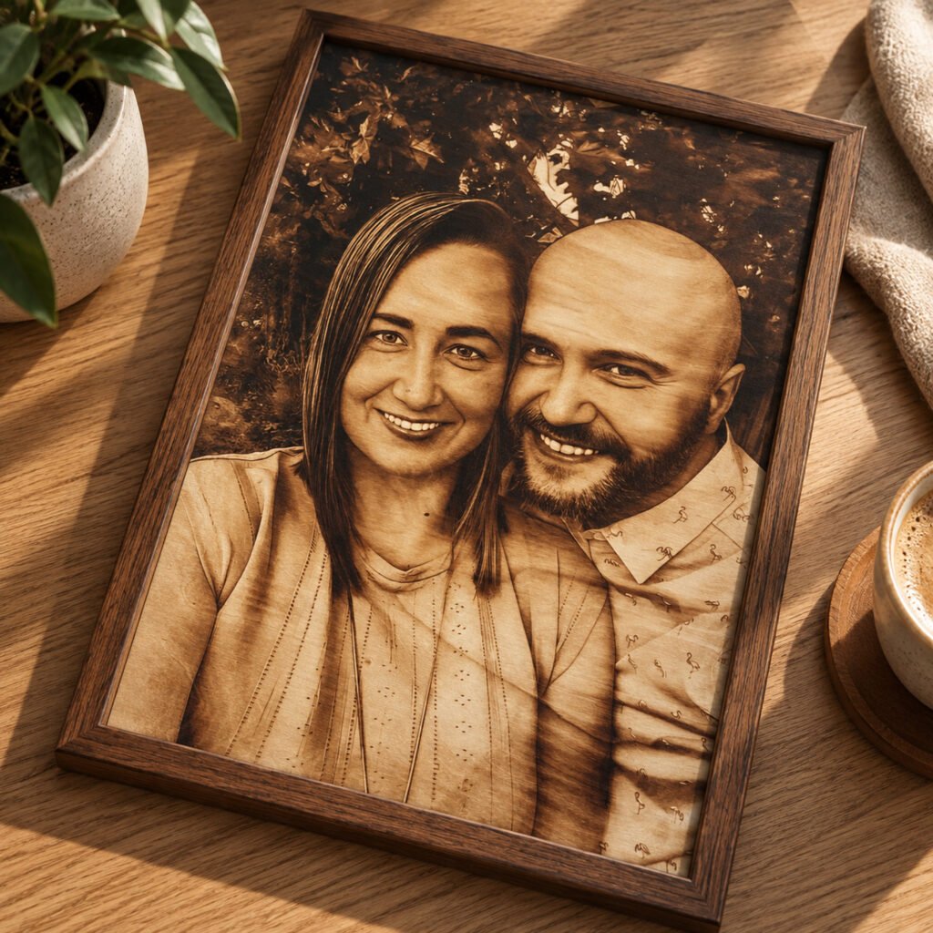 Portret pary na drewnie w ramie ustawiony na stole jako pamiątka wspólnych chwil